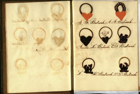 At top right is Ann's hair; to the left is hair belonging to her husband Albert Franklin. Their children's hair is below.