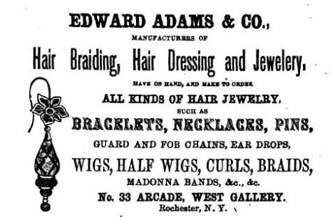 Advertisement for a business offering hairwork services. From the 1857 Rochester City Directory.